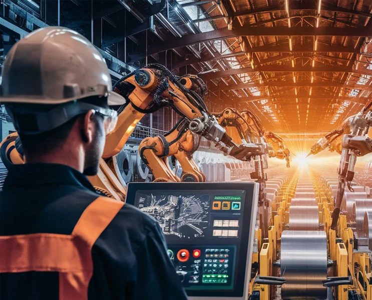 Engineers interacting with a holographic machine model in a factory