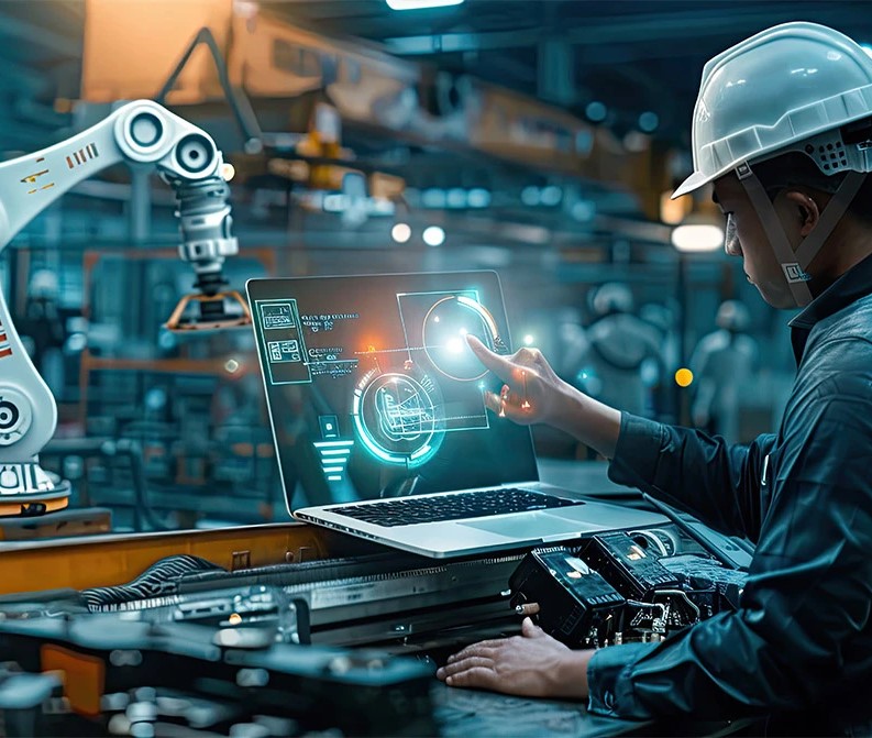 People working in a modern office with a large AI cloud concept overhead