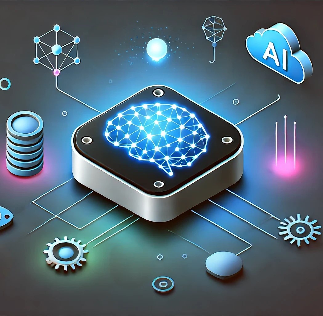 AI human head and hand interacting with a futuristic manufacturing interface